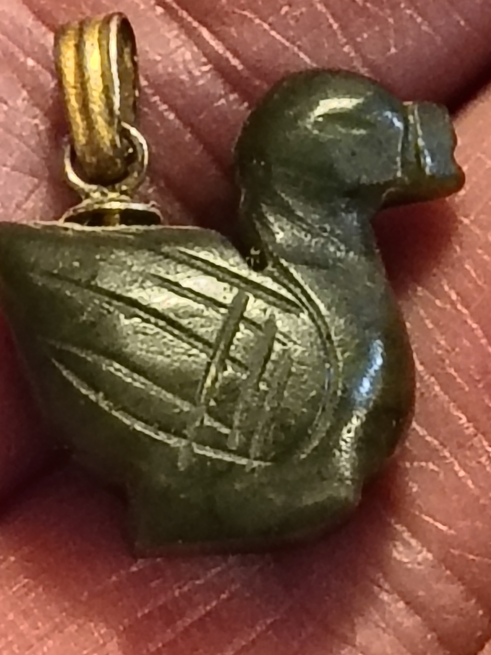 Antique Oriental Carved Jade Duck Pendant in Dark Green with Gold Tone Bail
